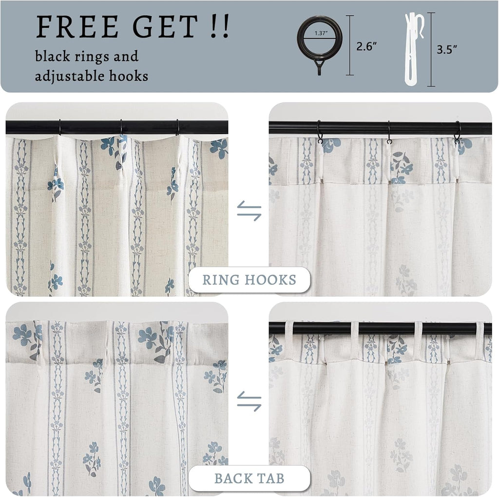 Blue Grey Pinch Pleated Floral Curtains for Living Dining Room Pinch Pleat Light Filtering Linen Semi
