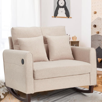 Upholstered Oversize Rocking Chair, Nursery Rocking Chair with High Back and Side Pocket USB Port, Double Wide Rocker