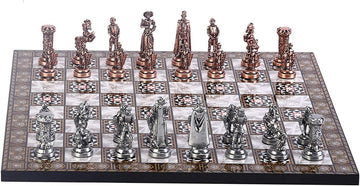 Medieval British Army Antique Copper Metal Chess Set for Adults, Handmade Pieces and Mosaic Design Wooden Chess Board - Set of 32