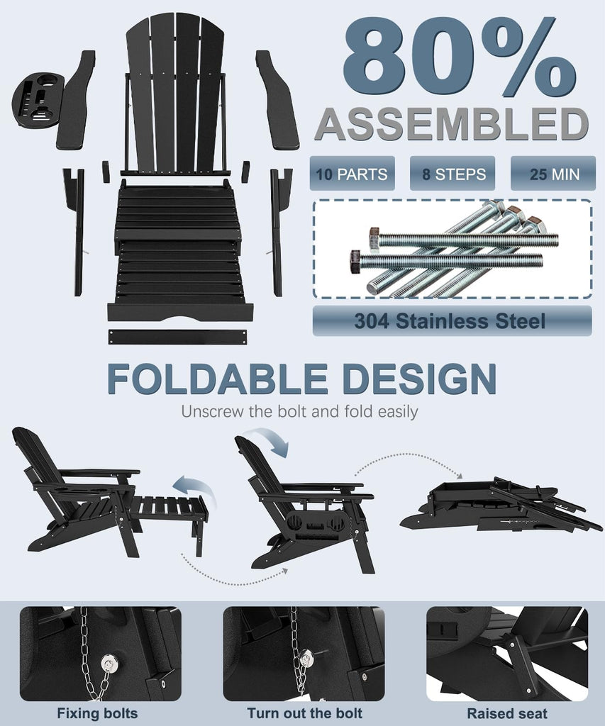 Adjustable Adirondack Chair Set of 2 with Retractable Ottoman, Black | Folding HDPE Chair with Multifunctional Cup