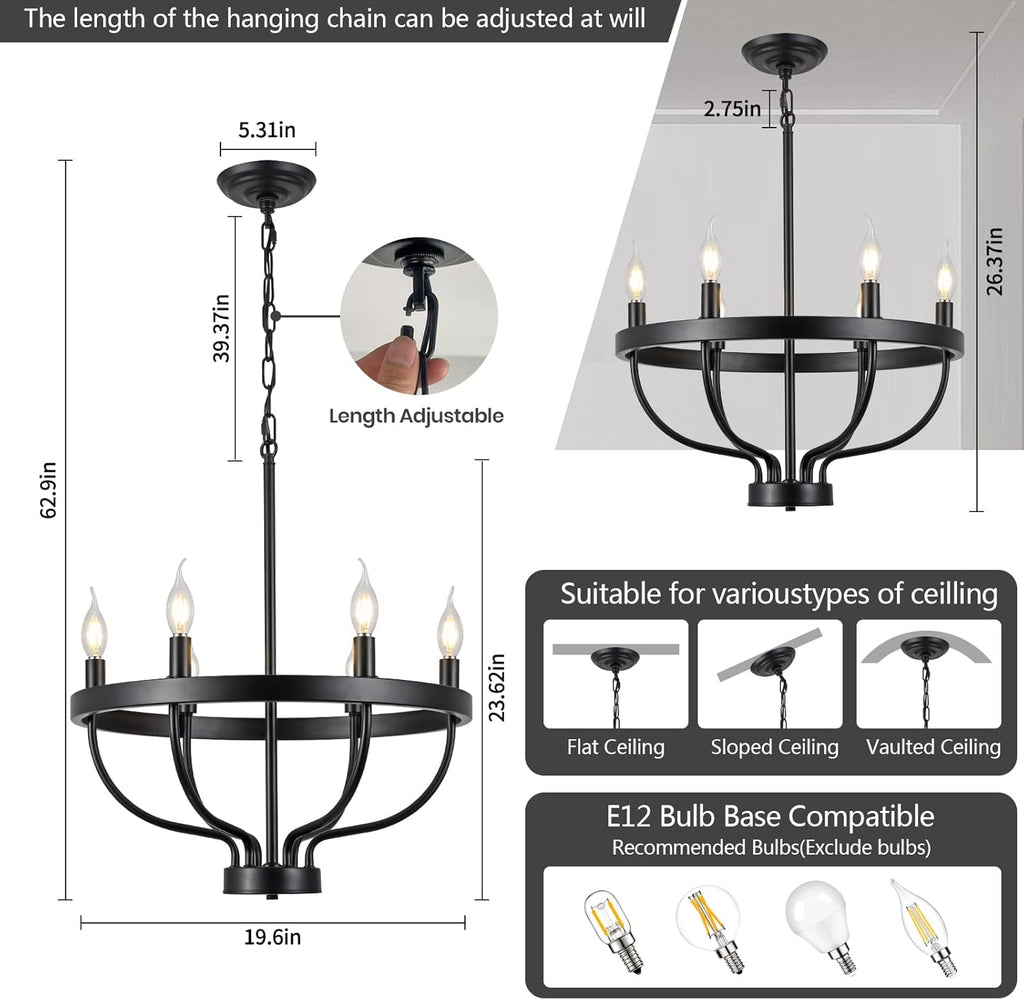 Black Dining Room Light Fixture, 6-Light Black Chandeliers for Dining Room Farmhouse Wagon Wheel Chandeliers, Adjustable Height Round Chandelier for Bedroom Kitchen Living Room Entryway Foyer 19.6in