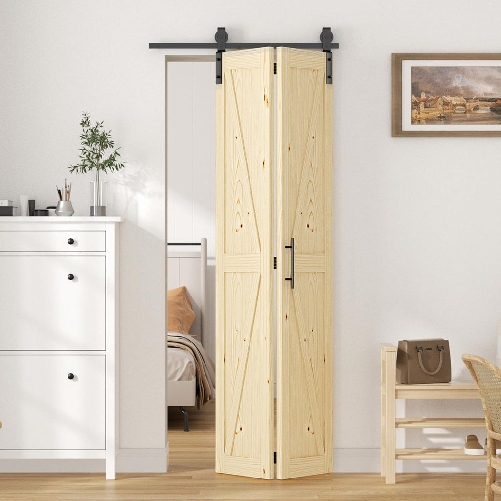 30in x 84in Bifold Barn Door with Hardware Kit, Unfinished Solid Pine Wood Folding Closet Door for B