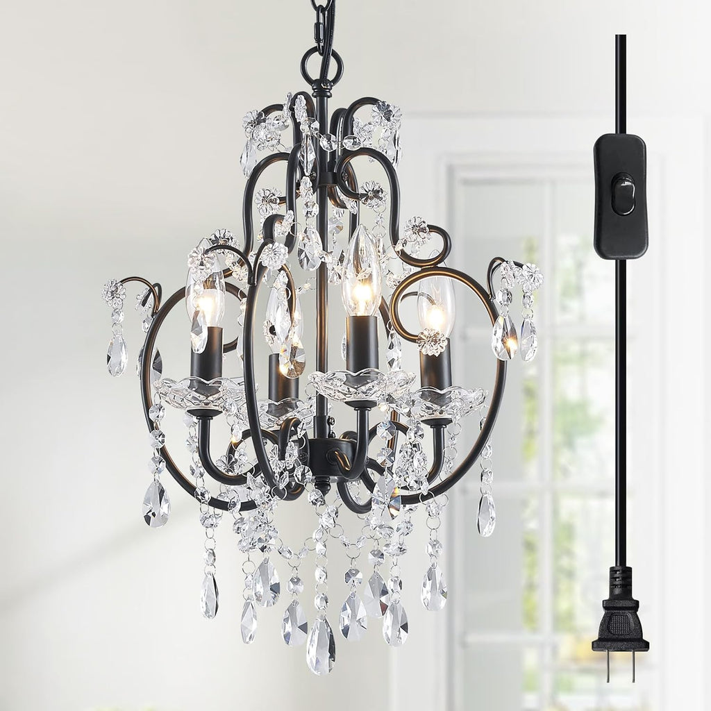 Plug-in 4-Lights Crystal Chandelier with K9 Crystals, Black Farmhouse Style Pendant Light, H17 x D12, Chain Adjustable A109-B0D73KR1MX