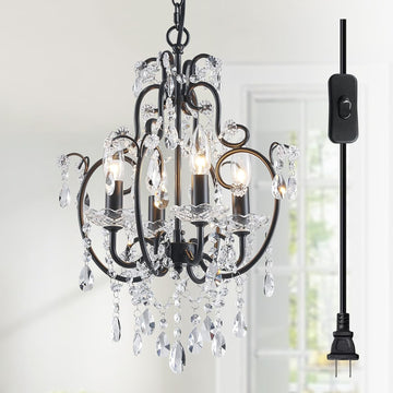 Plug-in 4-Lights Crystal Chandelier with K9 Crystals, Black Farmhouse Style Pendant Light, H17 x D12, Chain Adjustable