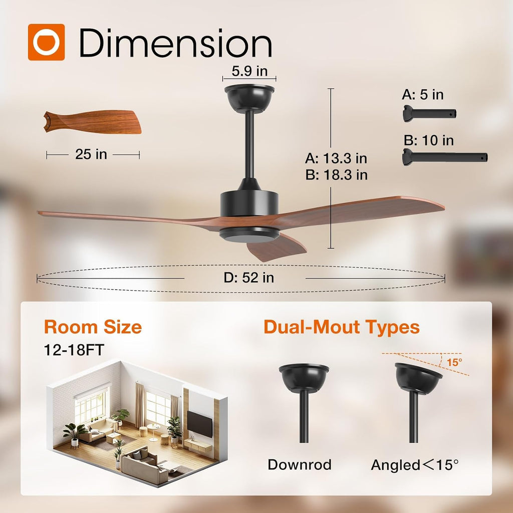 52 inch Ceiling Fans No Lights and Remote Control, Reversible, 3 Wood Blades, 6 Speeds, Noiseless, Indoor/Outdoor Black Walnut Ceiling Fan for Bedroom Shop Patio Gazebo Farmhouse