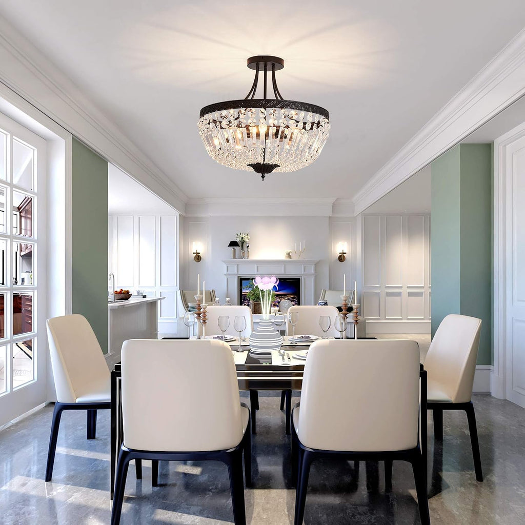 5-Light E12 Round Crystal Ceiling Light Fixture Modern Semi Flush Mount Chandelier Ceiling Lamp for Living Room