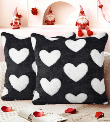 Valentines Pillow Covers 18x18 Inch Set of 2 - Plush Faux Fur Black White Love Hearts Valentines Day Jacquard Throw