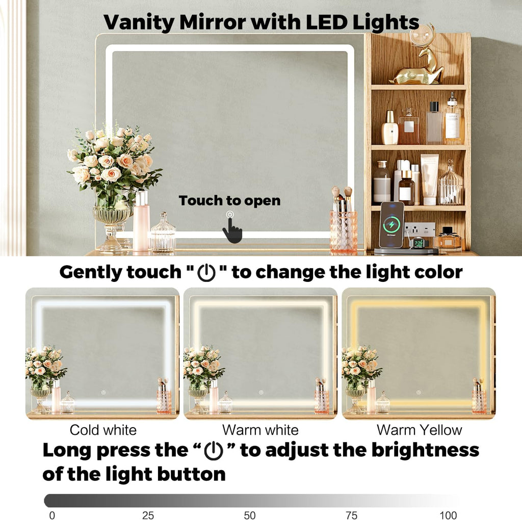 47"Makeup Vanity Desk with Mirror and Lights, Vanity Desk with 7 Drawers & Storage Shelves, Vanity Table with Power
