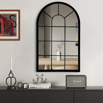 Black Arched Window Mirror, Farmhouse Decorative Wall Mirrors Vanity, Fireplace Mantel, Window Pane Mirror Wall Decor