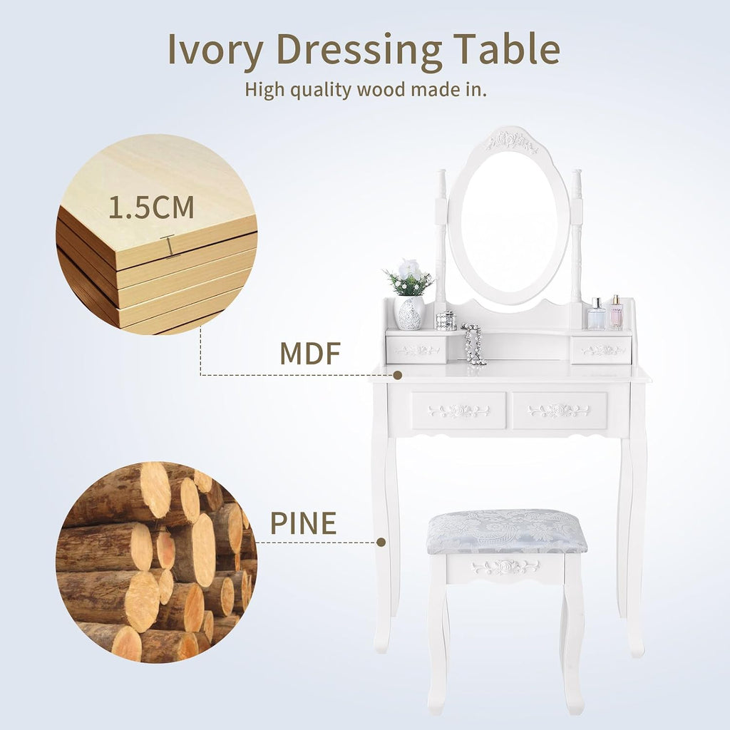 Vanity Table Set with 4 Drawer,Makeup Dressing Table w/Cushioned Stool,Girls Women Bedroom Furniture Set Oval Mirror