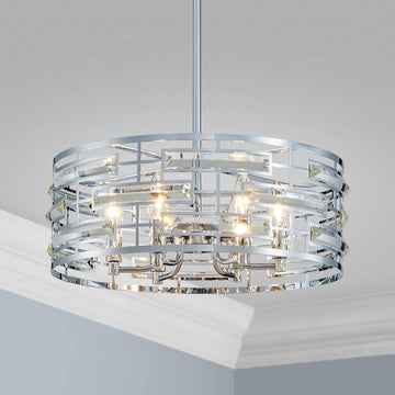 Modern K9 Crystal Chandeliers, Drum Pedant Light Fixture for Living Space, D18 x H24, Adjustable Chains 59", Chrome Finish Metal Frame