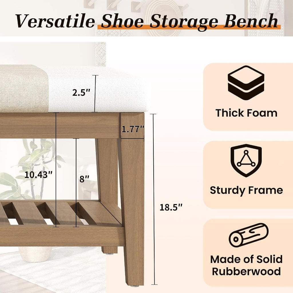 45" Shoe Rack Bench with Cushion, Solid Rubberwood Entryway Bench with Shoe Storage, Modern Chenille Upholstered Shoe