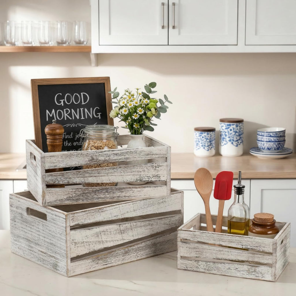 3 Pack Wooden Storage Crates, Rustic Nesting Container Bin with Handles, Decorative Farmhouse Wood Basket, Vintage