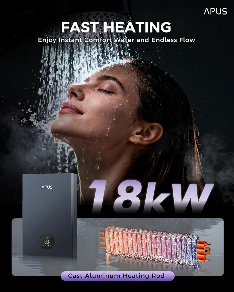 18kW Electric Tankless Water Heater, APUS 240V Instant On-Demand Hot Water Heater, Up to 4.4 GPM with LED Display
