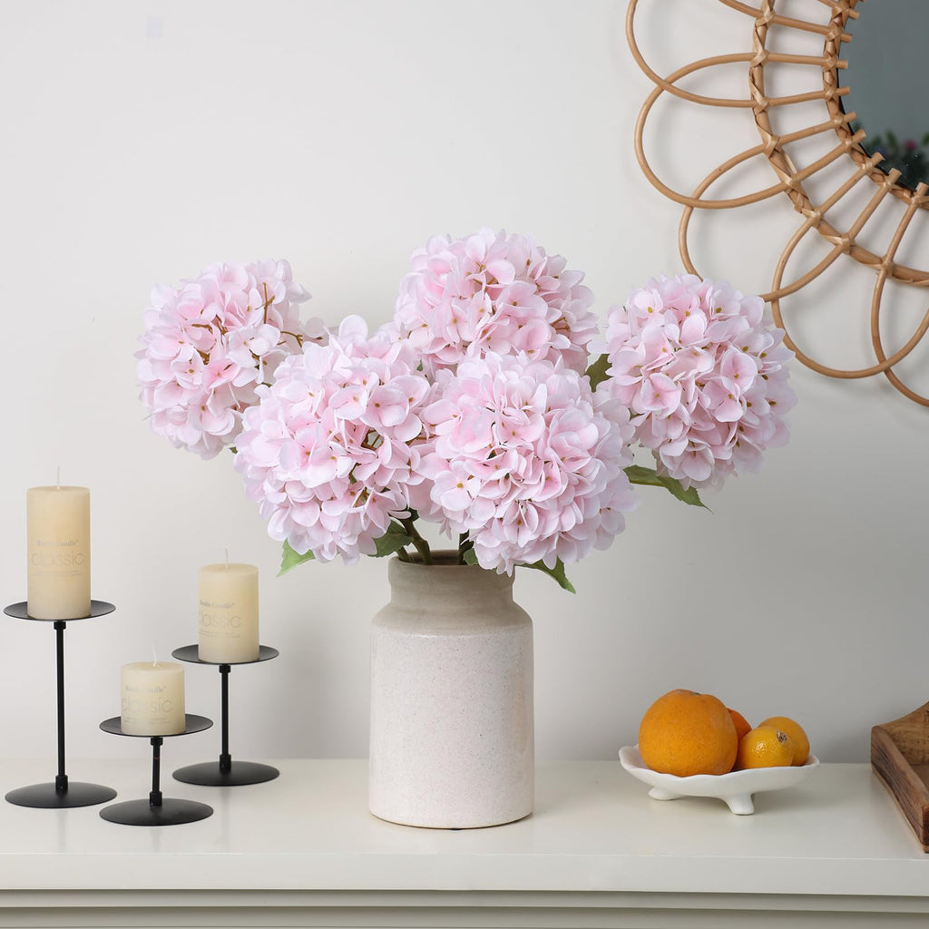 4Pcs Pink Artificial Hydrangea Flowers Large Fake Silk Hydrangea Flower with Leaves Stems Realistic Faux Hydrangeas