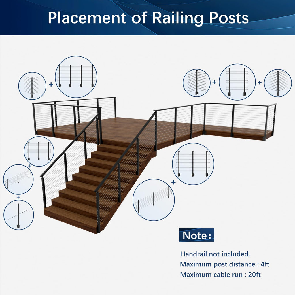 3 Pack One-Stop Side Mount Stair Cable Railing Post Kits 44" for 36"/42" Railing System, Left Side Stair Post Kit