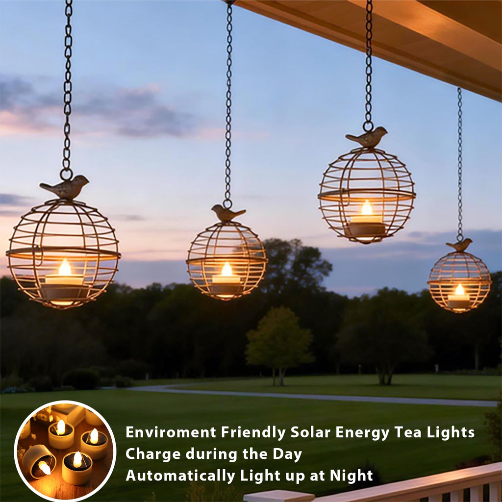 Solar Lanterns Outdoor Waterproof, Hanging Solar Lights with Rustic Iron Sphere Candle Holder, Globe Chandelier with