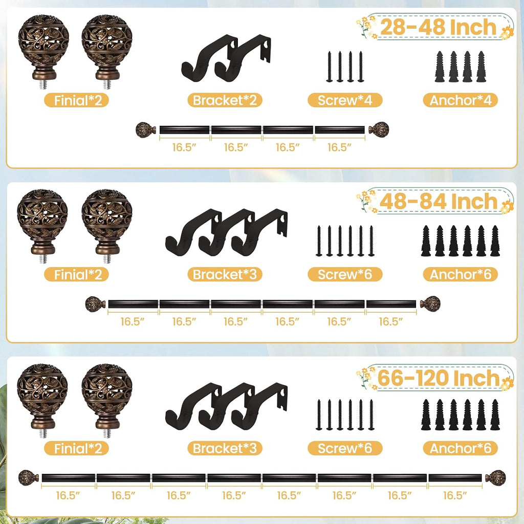 Curtain Rods For Windows, 1 Inch Heavy-Duty Adjustable Decorative Curtain Rods With Branches Leaves