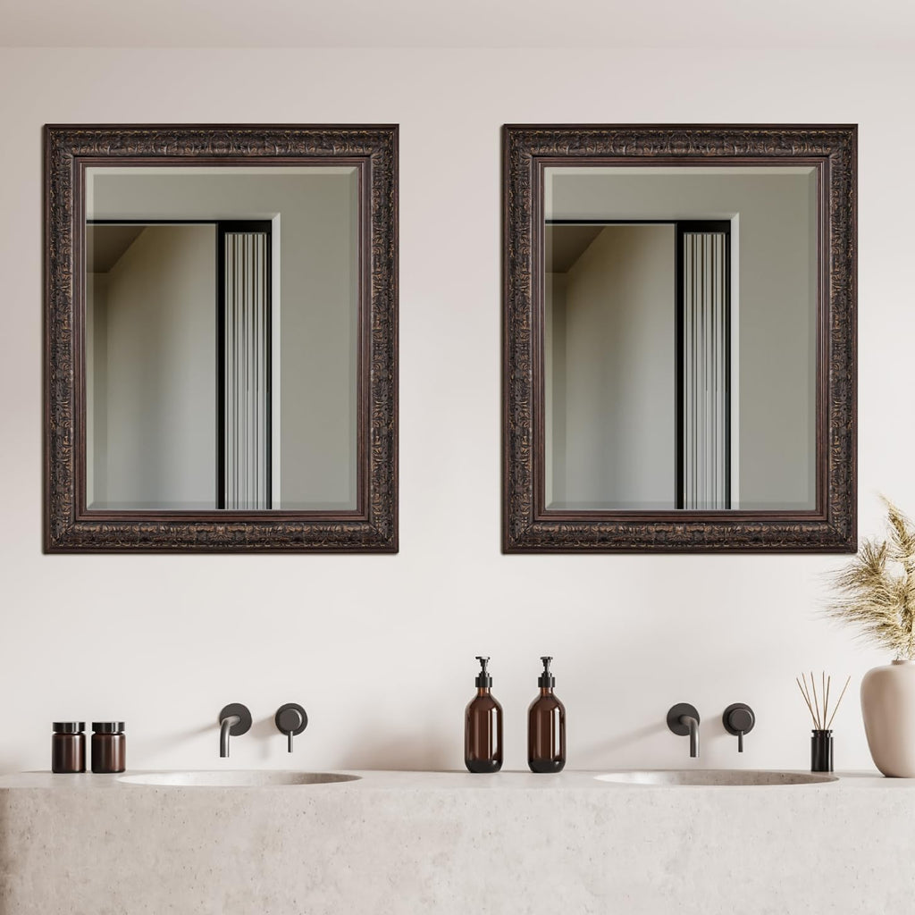 Bronze Ornate Embossed Framed Rectangle Mirror 28" x 34", Wall Mounted Beveled Accent Decorative Bathroom Mirrors for