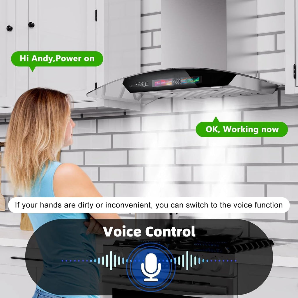 30 Inch Stainless Steel Wall Mount Range Hood 900 CFM 4 Speed Voice, Gesture & Touch Control Glass Canopy, Memory Function
