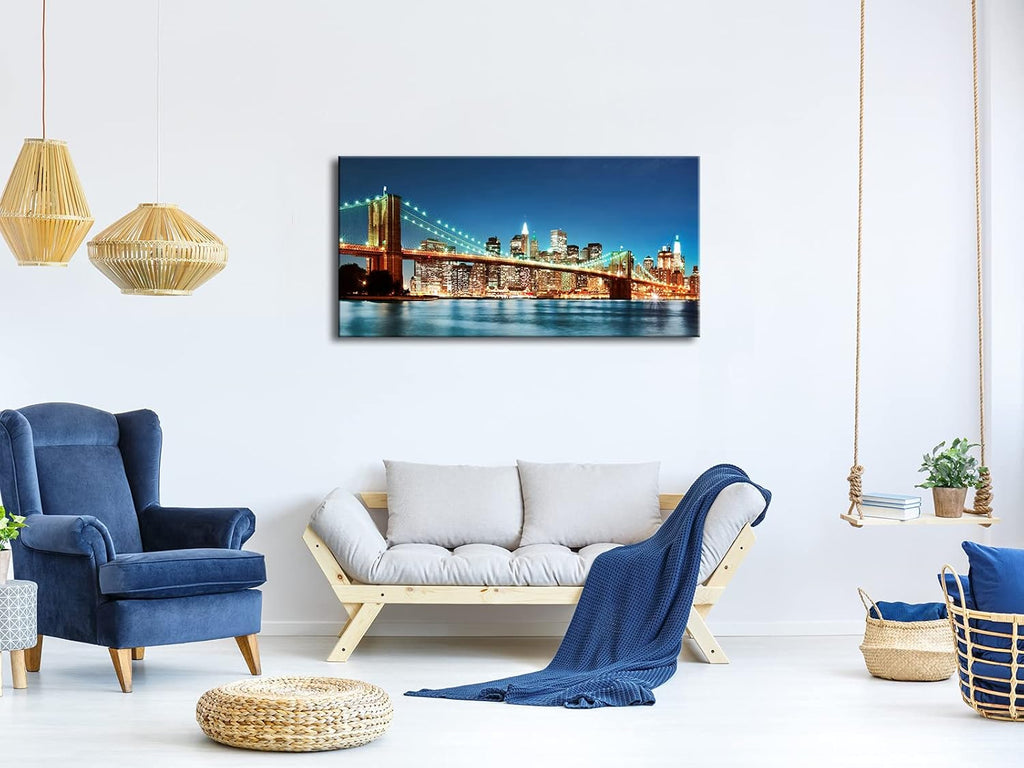Large Modern New York Cityscape Canvas Wall Art Brooklyn Bridge Night View Canvas Prints Stretched Landscape Pictures