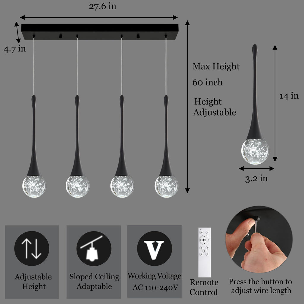Modern Black Crystal Chandelier Island 4-Lights, Luxury Retangular Dimmable LED Bubble Raindrop Pendant Lighting