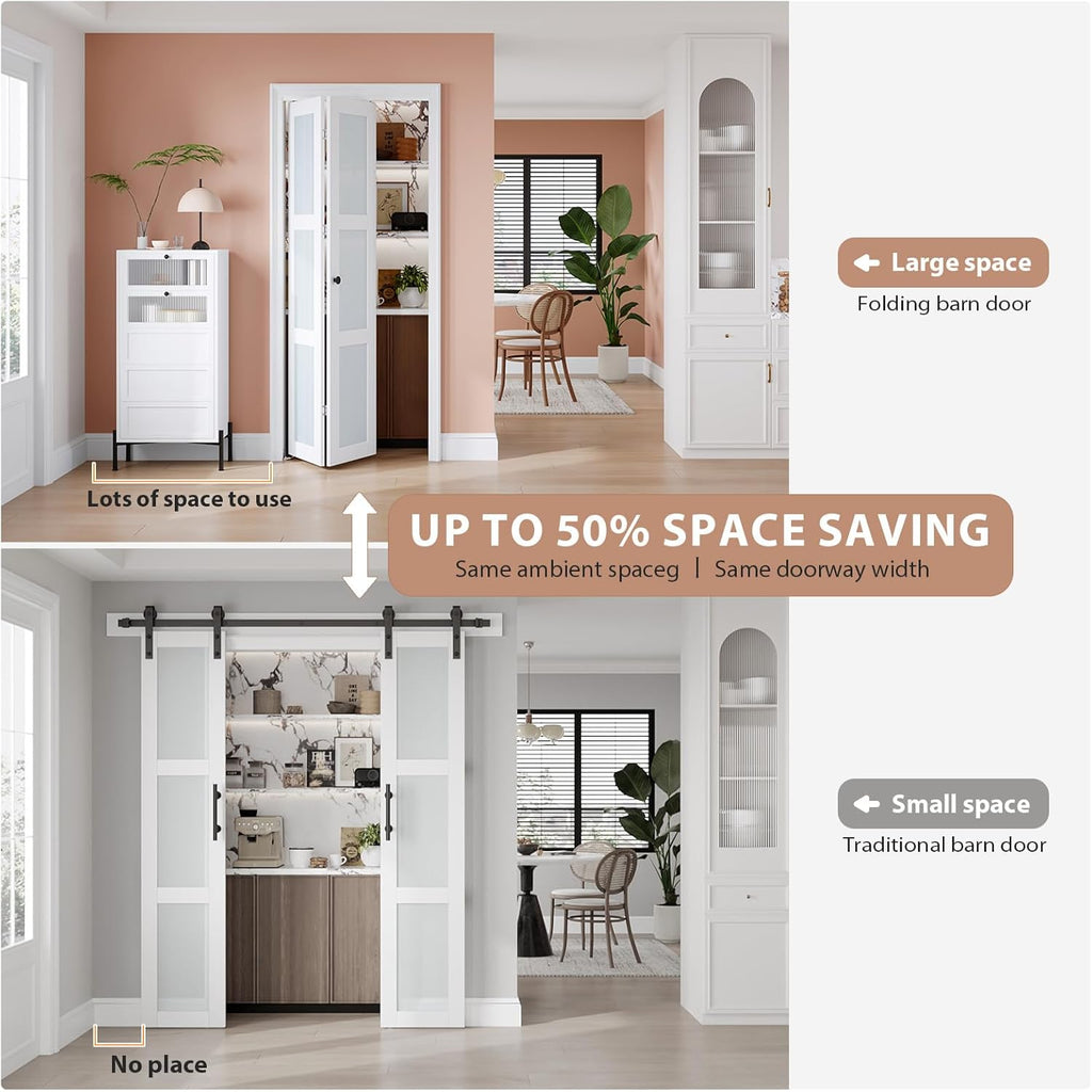 Preassembled Bi-Fold Doors, for 28"x 80" Opening,Tempered Frosted Glass Closet Folding Barn Door wit