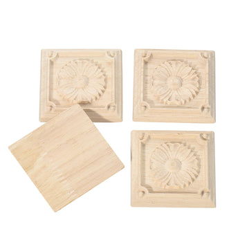 4 Pcs Decorative Wood Carved Appliques Onlays Small Flower Square Rosette, 2.35x 2.35inch Unpainted Solid Wood Square