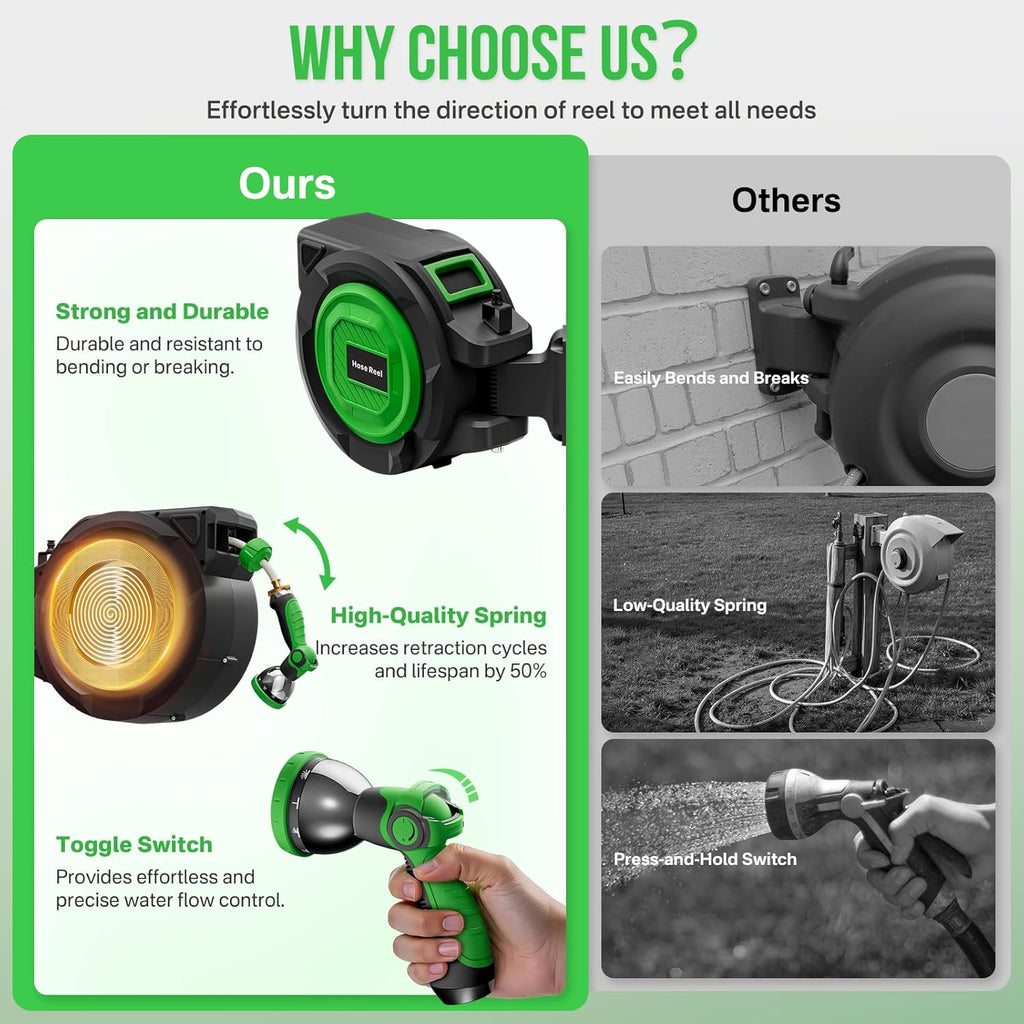 Retractable Garden Hose Reel, 1/2 in x 100 ft Automatic Slow Rewind System & Any Length Lock, Heavy Duty Wall-Mounted