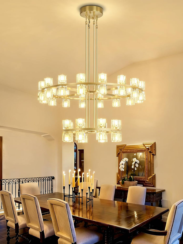 Inspired Arcachon Style 2-Tier Round Wagon Wheel Chandelier, 16" + 32" 48-Light Gold — Foyer, Great Room & Dining