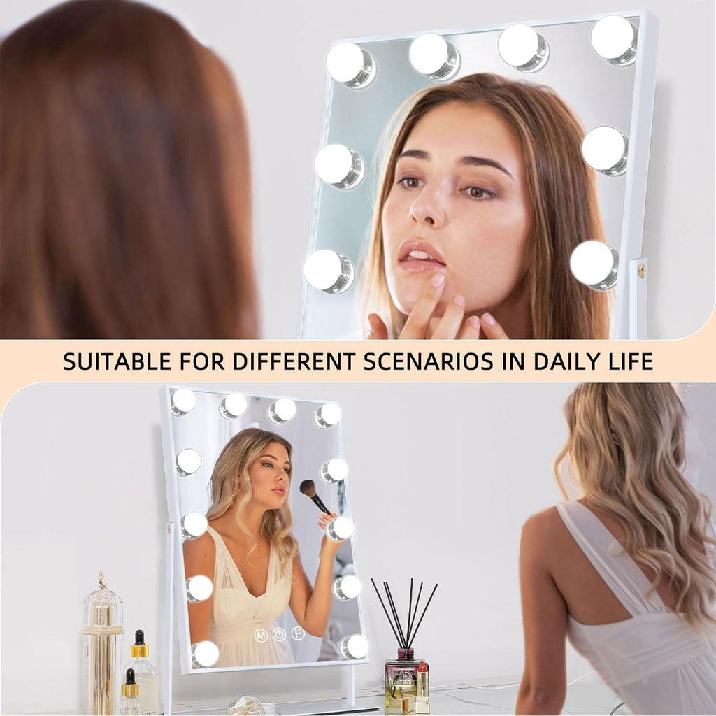 Vanity Mirror with Lights, 19''x12'' Makeup Hollywood Mirror for Desk with 12 Bulbs Light Smart Touch Control 3 Colors