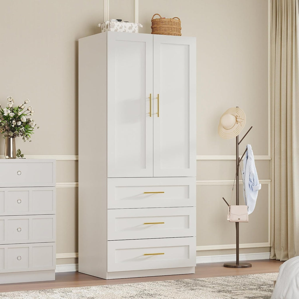 White Armoire Wardrobe Closet: 75" Large Wardrobe Closet with 3 Drawers, Bedroom Armoires with 2 Doors, Wooden Tall