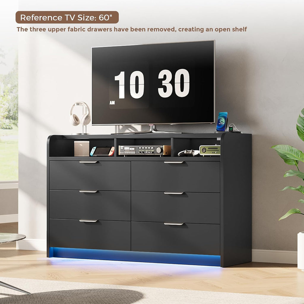 53'' Wide 9 Drawer Dresser , Wood TV Stand Dresser with Power Outlets & LED Light, Chest of Drawers Closet Store