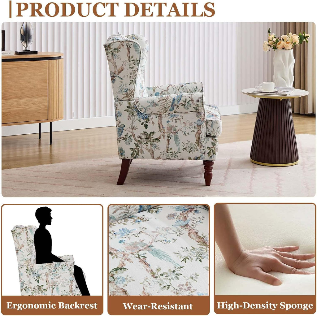 Wingback Chair with Arms (Floral Bird, A) | Floral Accent Chair|Occasional Side Chair with Tall Back|Ticken Seat