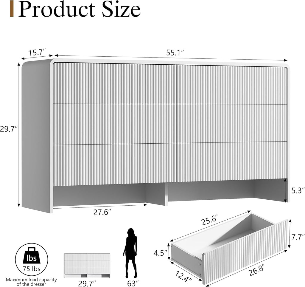 55" Wide Modern Dresser , 6 Drawer Chest of Drawers with Curved Design, Push-to-Open Storage Dresser, White