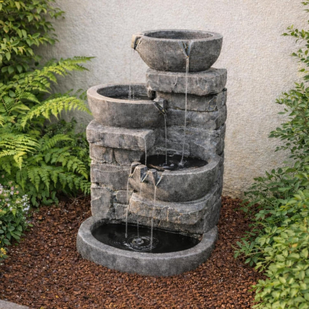 33" Outdoor Water Fountain with LED Lights, 3-Tier Cascading Bowls, Weather-Resistant Resin Garden Water Feature