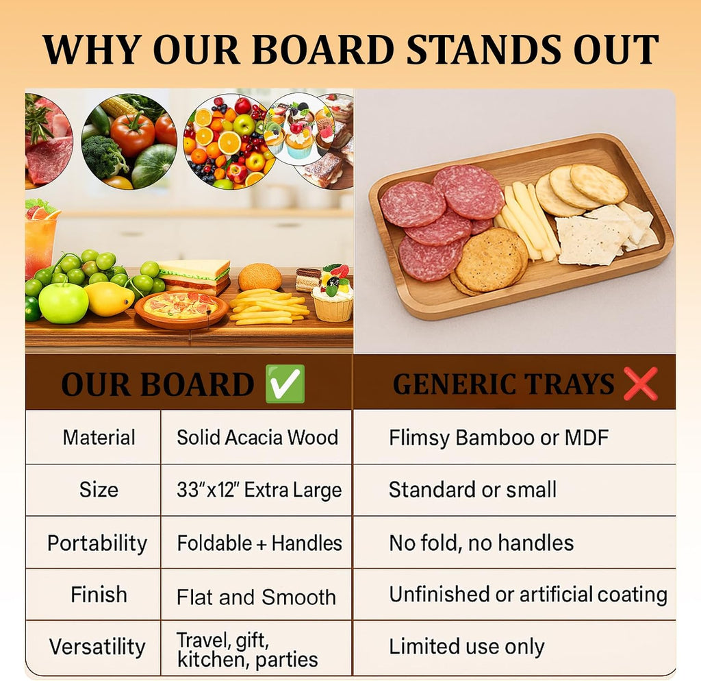 Large Charcuterie Board, 33 x 12 Inch Rectangular Foldable Acacia Wood Tray | Long Charcuterie Boards with Handles