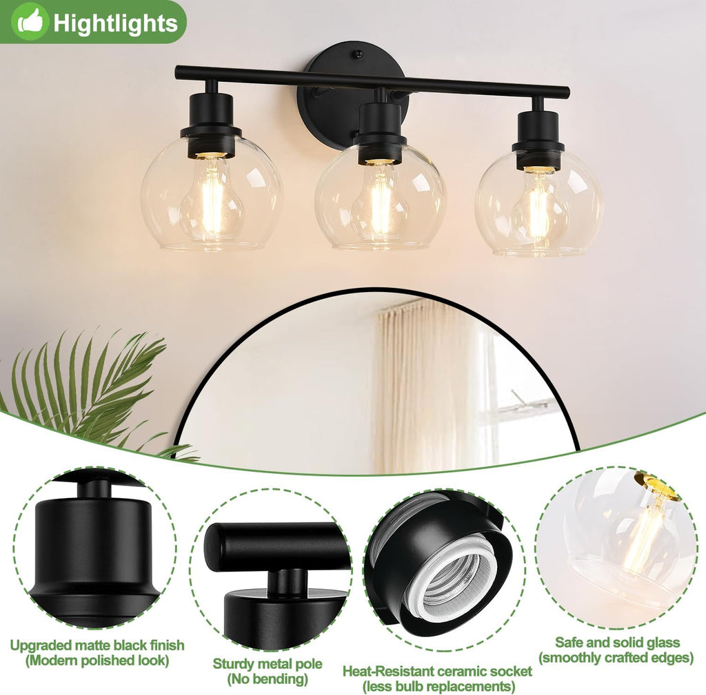 3-Light Bathroom Light Fixtures, Black Bathroom Lights Over Mirror with Clear Glass Globe Shade, Vanity Lights