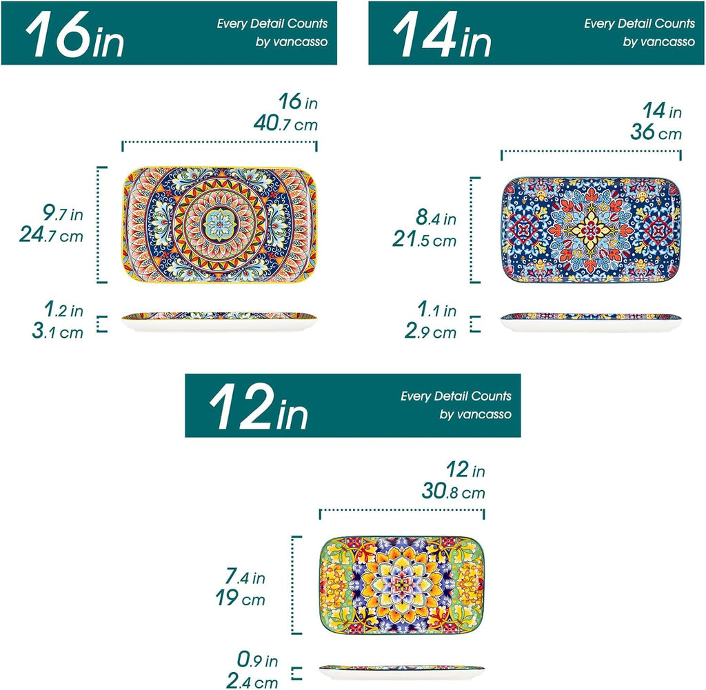 Serving Platters Set of 3, 16"/14"/12" In Rectangular Trays Retro | Ceramic Serving Dish for Entertaining Food