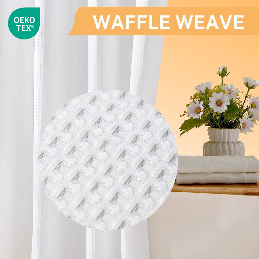 No Hooks Shower Curtain with 2 Snap in Liner, White, 71Wx74H | Waffle Weave, 1 Attached Snap in Liner and 1 Extra