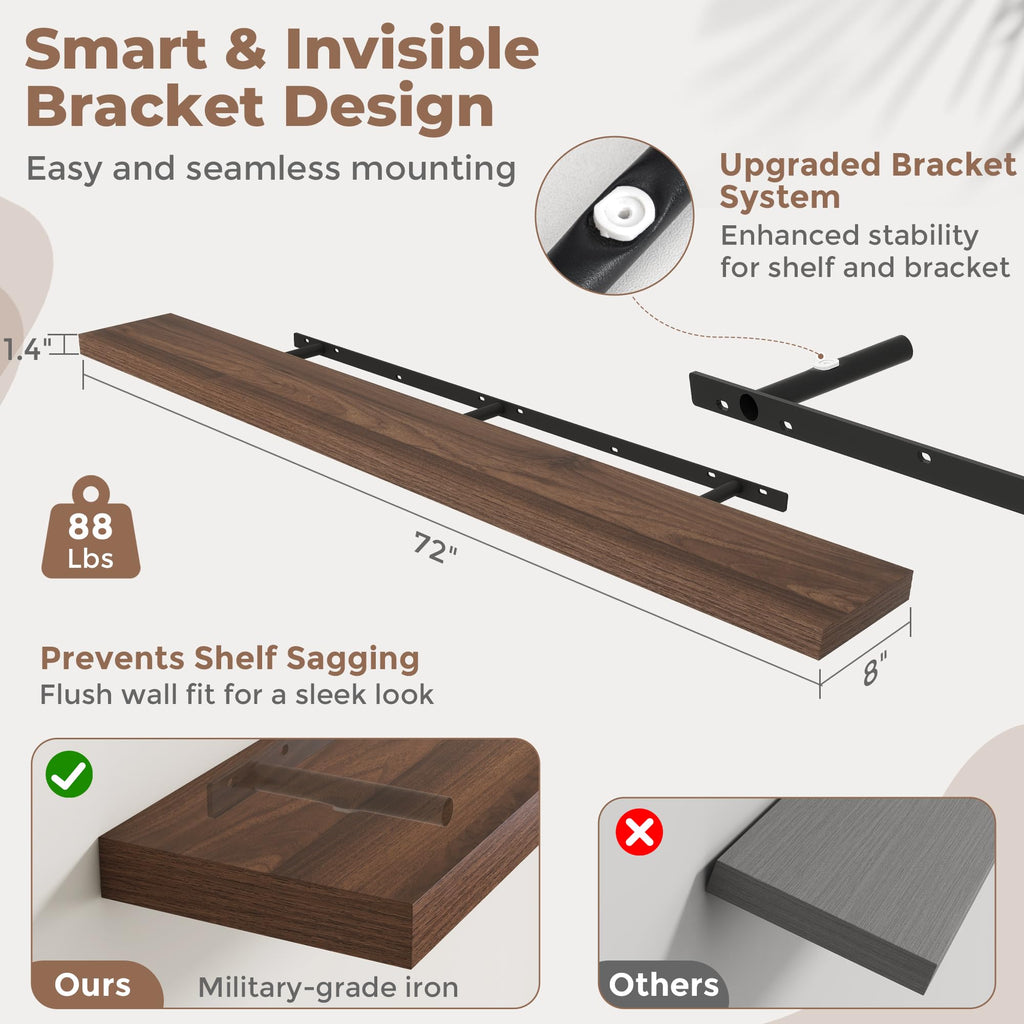 72 Inch Floating Shelves for Wall 2 Pack, 8"D Wood Gra Shelves