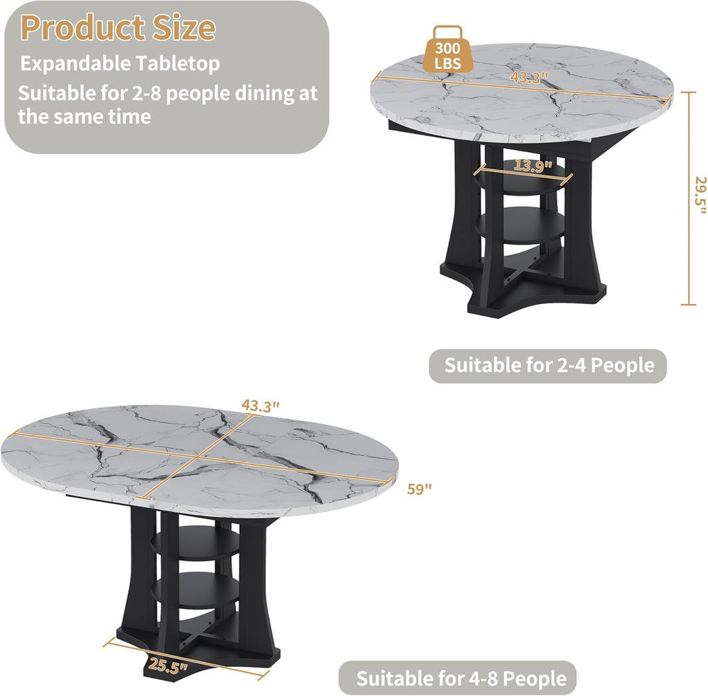 Extendable Dining Table 43"-59" for 4-6, Marble Round Kitchen Dining Room Table with 2 Tier Storage Shelves