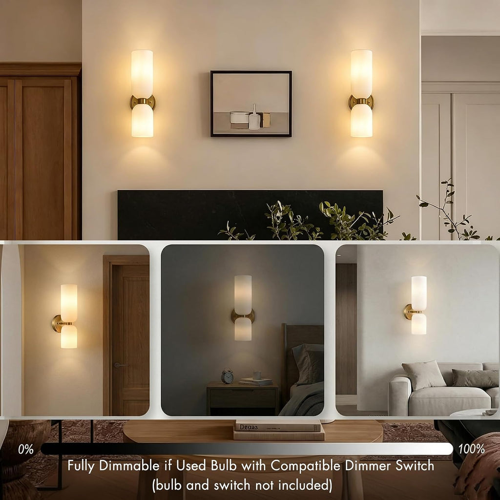 Gold Wall Sconces Set of Two 2-Light Modern Wall Light | 3.93"(W)*14.2"(H), E12 Dimmable, Slim Milky White Glass