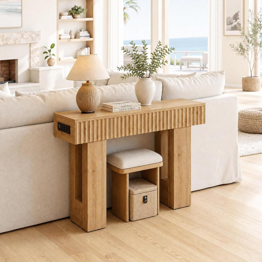39" Console Table with Drawer and Outlets W/USB-C, Modern Fluted Entryway Table with Storage, Sofa Table Behind The