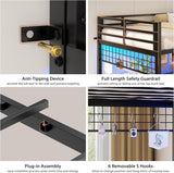 Bunk Bed Twin Over Twin with Hall Tree, Charging Station and LED Lights, L-Shaped Bunk Bed with Desk