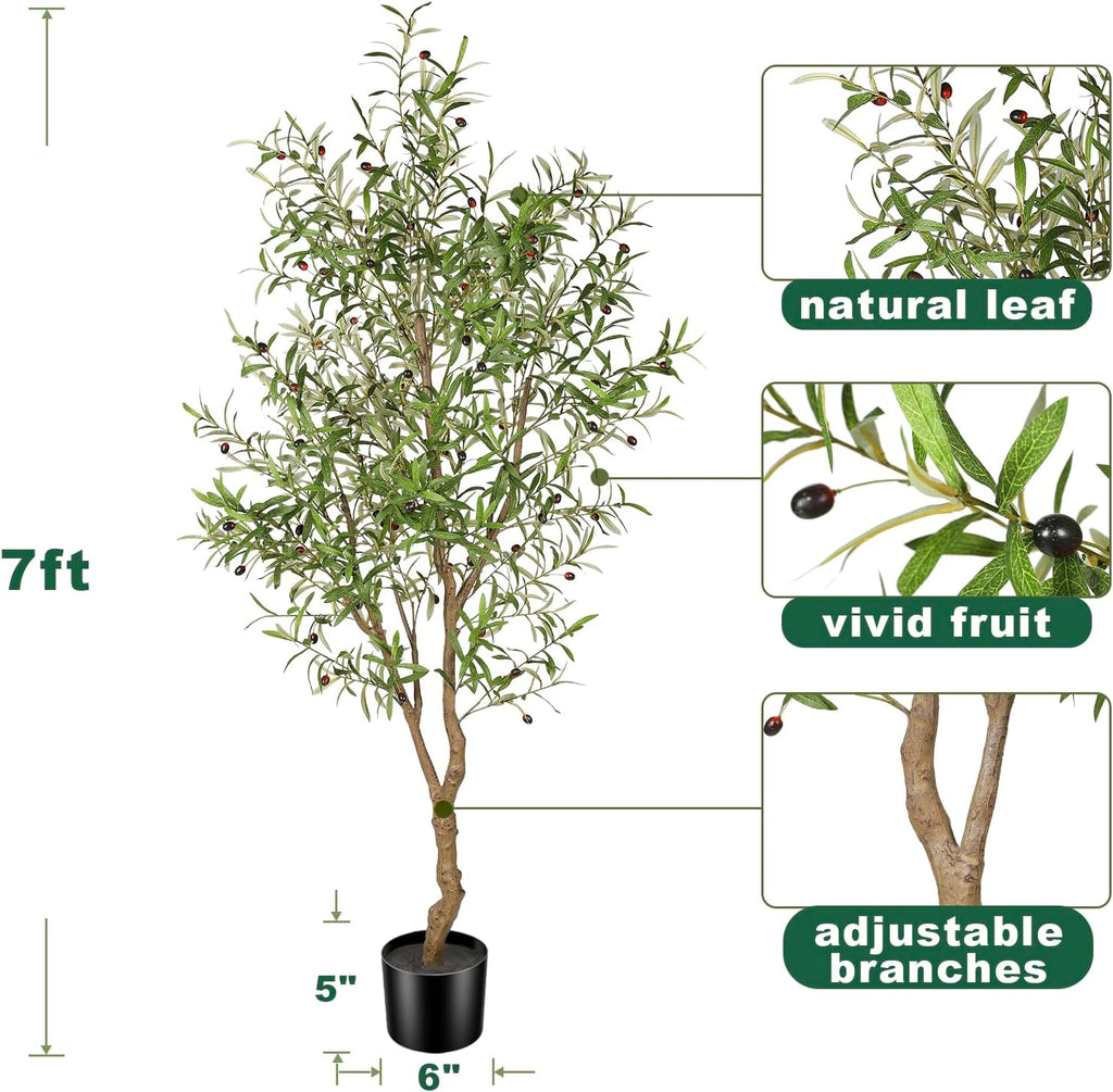 7ft Faux Olive Tree - Fake Potted Olive Silk Tree with Planter Natural Olive Branches and Realistic Leaves Artificial
