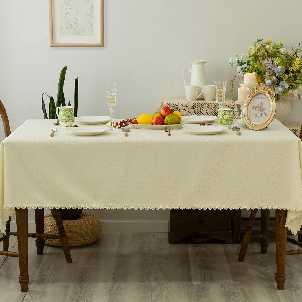 Textured Tablecloth Waterproof Spillproof Lace Trim Rectangle Jacquard Fabric Table Cloth, Kitchen D