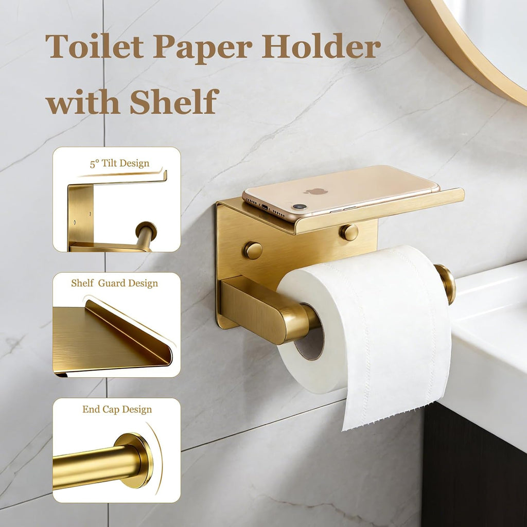 5-Pieces Wall Mount Bathroom Hardware Set,22in Brushed Gold Towel Bar Set | Stainless Steel Waterproof Bathroom