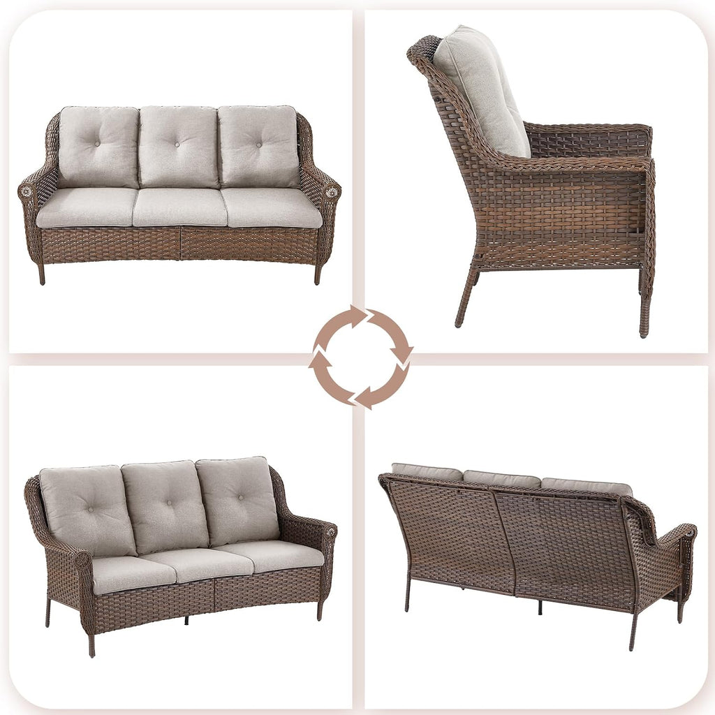 Patio Couch Outdoor Wicker Sofa - Heavy Duty All-Weather Brown Rattan 3-Seater with High Back and Comfortable Thick