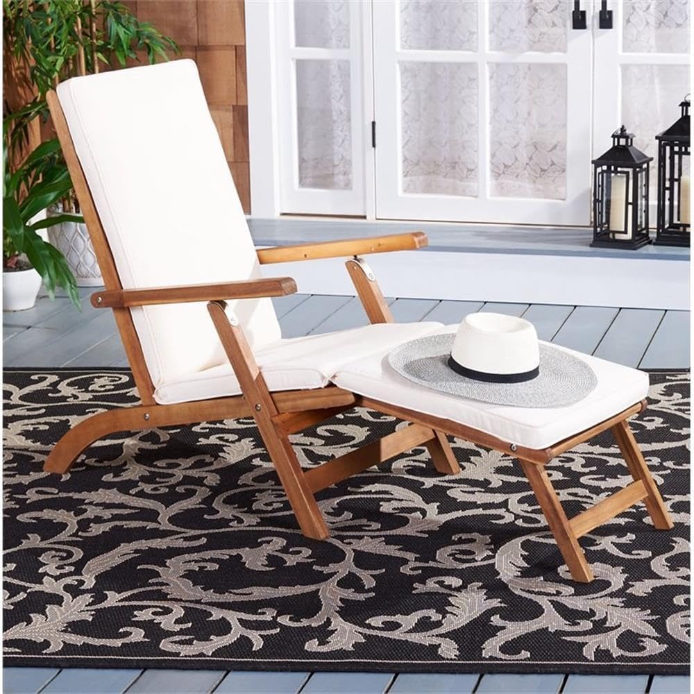 Outdoor Palmdale Chaise Lounge Chair - Brown & Beige - Solid Wood with Cushion - Deck-Chair Design - Ideal, 21.9"W
